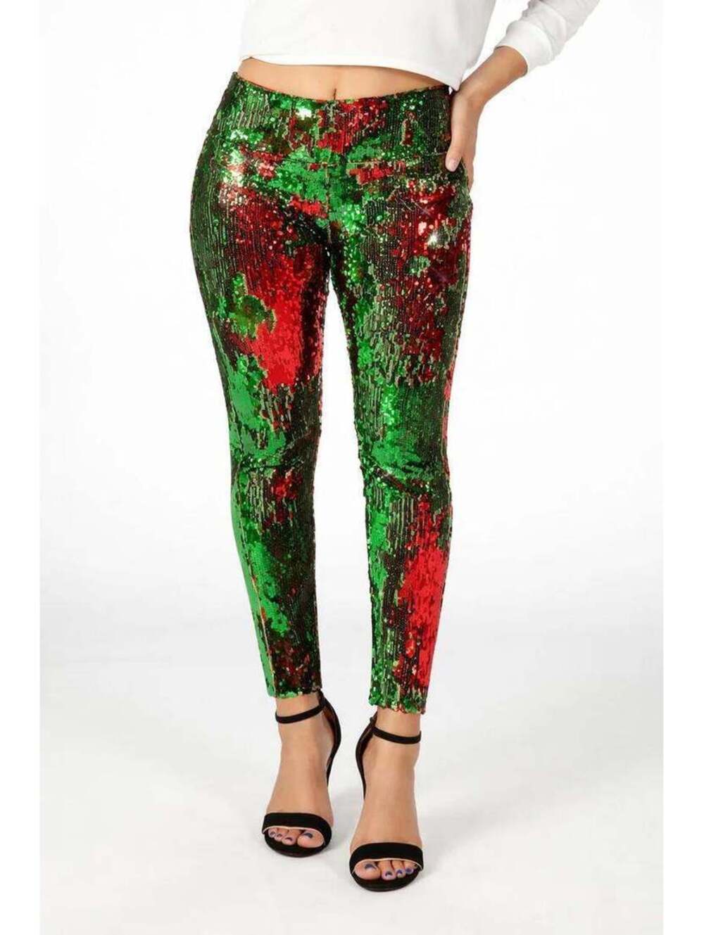 NWT Tipsy Elves Red & Green Reversible Sequin High Waisted Leggings Size Medium